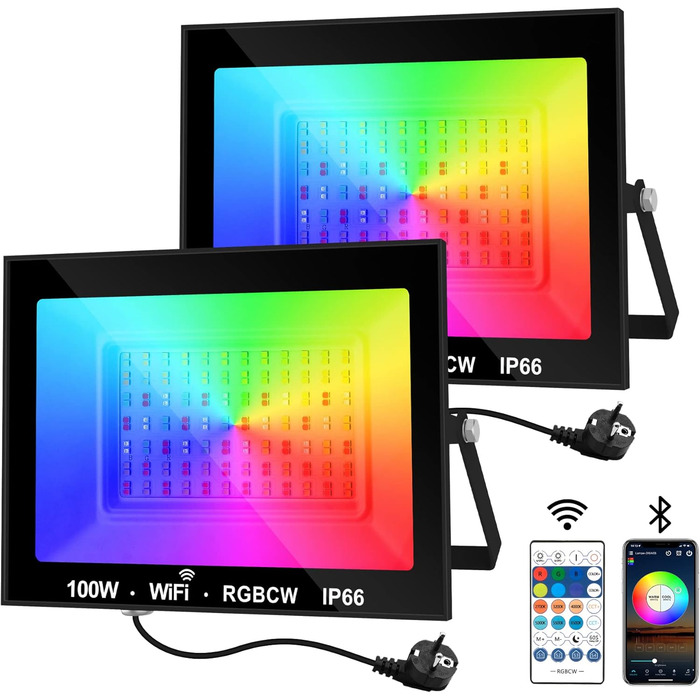 Світлодіодний прожектор для вулиці 100W Smart RGB, з дистанційним керуванням та Bluetooth-додатком, IP66, зміна кольору, комплект 2 шт. Для саду та двору