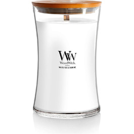 Велика ароматична свічка WoodWick у скляній колбі-пісочному годиннику з дерев'яним гнотом, аромат Льон, до 130 годин горіння