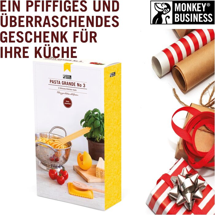 Набір силіконових кухонних інструментів Monkey Business Pasta Grande №3: ложка для спагеті, прес для лимонів Conchiglie, підставка для ложок Ravioli, подарункова упаковка