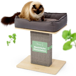 Nemmy Преміум кігтеточка для котів, мала, беж, широка стійка, котяче ліжко з подушкою, для великих котів, сучасний дизайн, натуральне дерево (береза/темно-сірий)