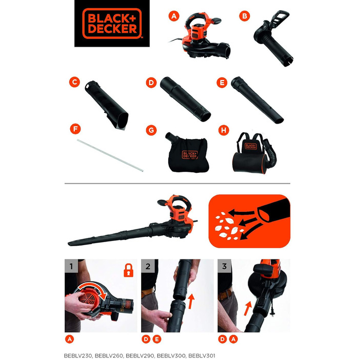 Електричний садовий пилосос-видувка Black+Decker BEBLV301, 3-в-1, 3000 Вт, з подрібнювачем і рюкзаком-мішком 72 л, регульована потужність, висока швидкість повітря