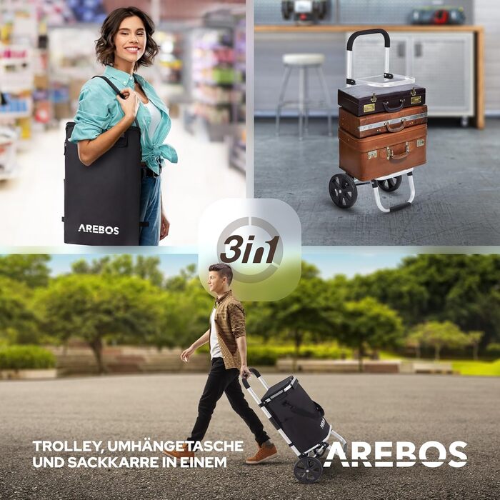 Візок для покупок Arebos 3в1, 56 л, з ізотермічним відділенням, складаний, знімна сумка на колесах, чорний