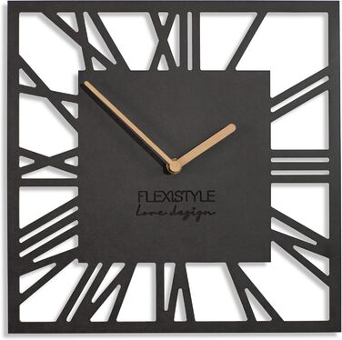 Сучасний настінний годинник FLEXISTYLE LOFT Piccolo Square 30 см, безшумний, чорний, для вітальні та ванної