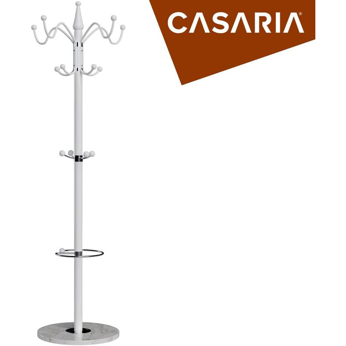 Вішак Casaria з мармуровою основою, металевий, 14 гачків, обертається на 360°, стабільний, 37x37x175 см, для передпокою та офісу, гардеробний вішак для одягу та курток, білий, вигнутий дизайн