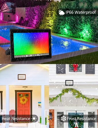 Світлодіодний прожектор для вулиці 100Вт, RGB, з дистанційним керуванням і Bluetooth-додатком, IP66, водонепроникний, набір 2 шт, для саду та двору