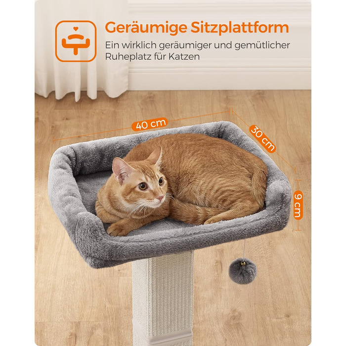Feandrea Котячий дряпак-стовпчик 71 см з платформою 40x30 см, плетений сизаль, іграшковий м'яч, основа 45x40 см, світло-сірий, для котів