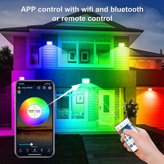 Світлодіодний прожектор для вулиці 100W Smart RGB, з дистанційним керуванням та Bluetooth-додатком, IP66, зміна кольору, комплект 2 шт. Для саду та двору