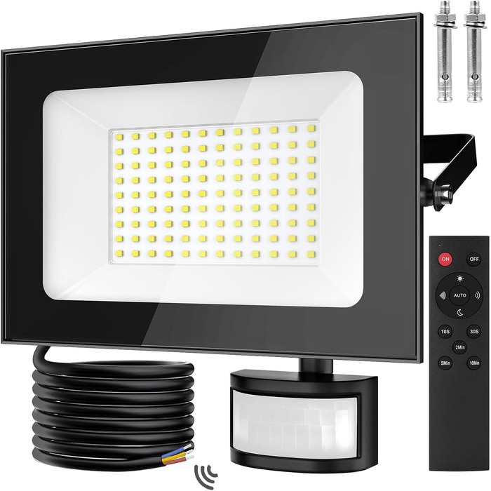 LED прожектор з датчиком руху та світла Papasbox, 100W, IP66, 6500K, з пультом, для вулиці, саду, гаража, спортмайданчика