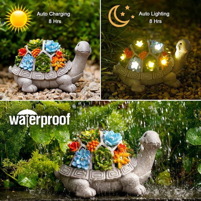 Сонячна садова фігурка черепахи Yeomoo з сукулентами та 7 LED, декор для вулиці, балкона, тераси, кімнати, подарунок для жінок, мами