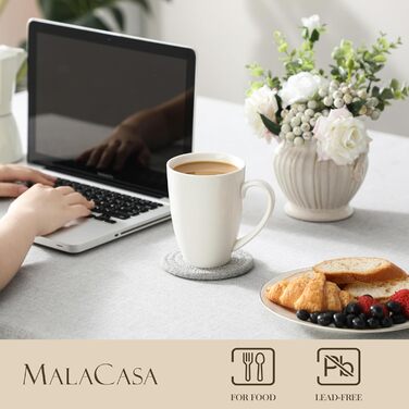 Набір кавових чашок MALACASA REG 6 шт. 560 мл, порцеляна, білі, для кави, чаю, латте, капучино, соку, какао, з ручкою, підходять для посудомийної машини і мікрохвильовки