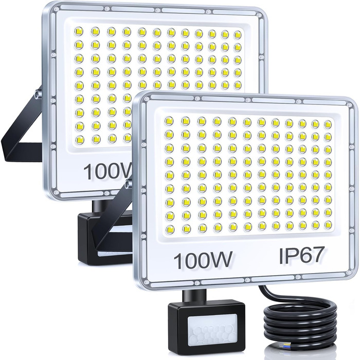 LED прожектор з датчиком руху для вулиці 100 Вт, 10000 Лм, 6500K, IP67, набір 2 шт, водонепроникний світильник для складу, саду, гаража