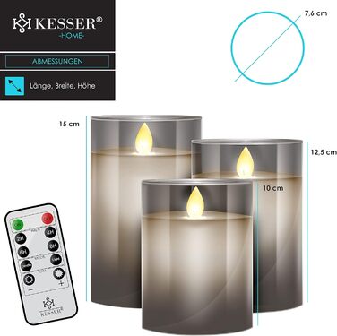 Набір KESSER LED свічок 3 шт безполуменеві з пультом, таймером і димером, реалістичне мерехтливе світло, воскова свічка в склі, 10/12,5/15 см, сіра декор