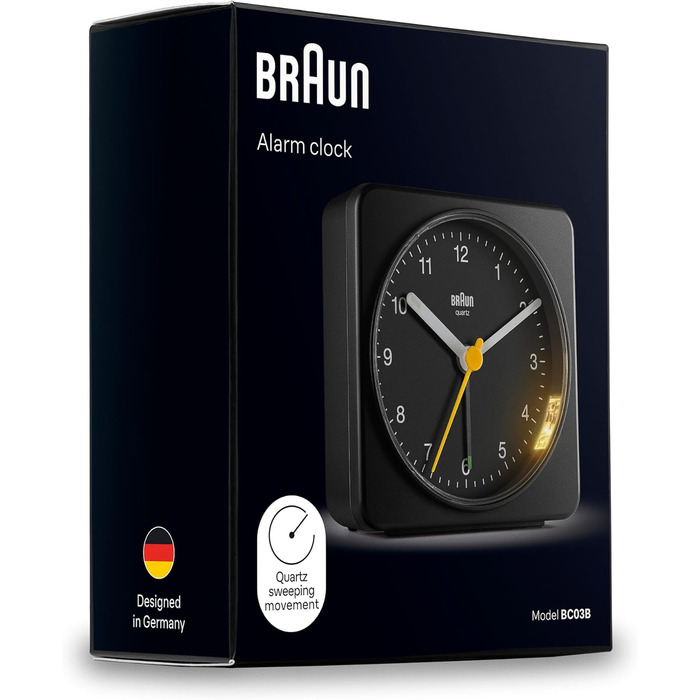 Класичний аналоговий будильник Braun з підсвіткою, безшумний кварцовий механізм, поступове посилення сигналу, чорний BC03B