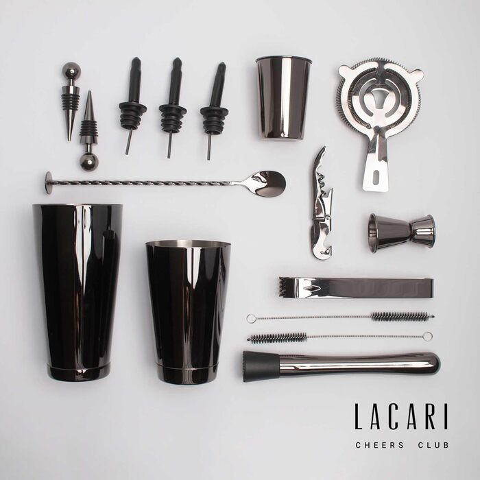 Преміум набір для коктейлів Lacari 17 предметів, чорний, бостонський шейкер з нержавіючої сталі, мірник, стрейнер, мадлер, щипці та аксесуари для бару