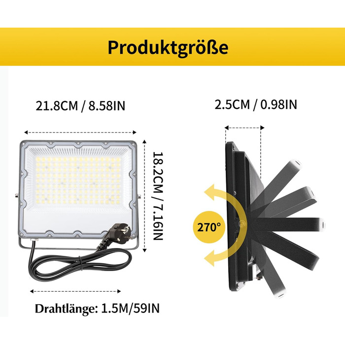 Комплект з 2 LED прожекторів 100Вт, 8910Лм, 6500К, IP66, для вуличного освітлення, водонепроникний, з вилкою, для безпеки, двір, сад