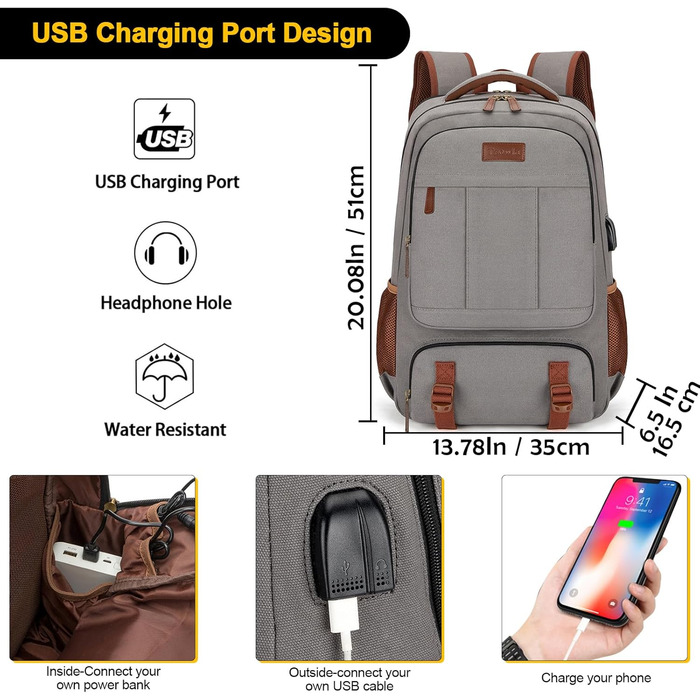 Рюкзак для ноутбука Tzowla 15,6-17,3 дюйма, канвас, USB, унісекс, для подорожей і роботи, колір хакі