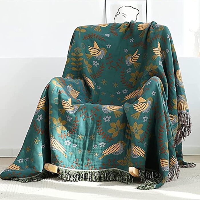 Двосторонній плед Boho 100% бавовна 200×230 см, мусліновий покривало для дивану, крісла та ліжка, м'який і затишний, синьо-бежевий