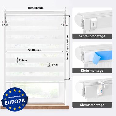 Зебра ролета Doppelrollo Klemmfix 102,5x130 см біла, світлопрозора та затемнююча, сонцезахисна, для вікон і дверей, монтаж без свердління та з свердлінням