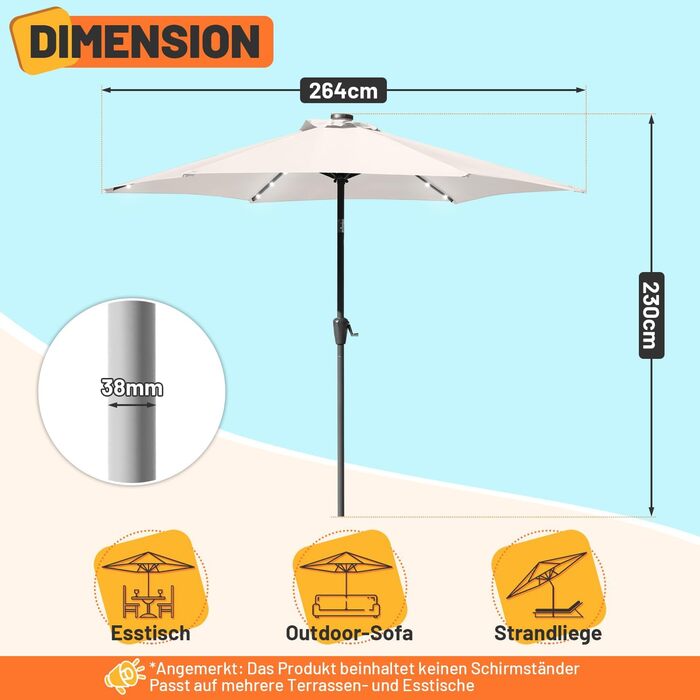 Парасоля для саду Daromigo з ручкою, Ø270/350 см, водонепроникна, UV захист 50+, для саду та балкона, без підставки