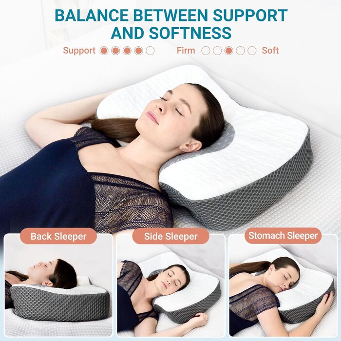 Ортопедична подушка Elviros з піни Memory Foam для сну, ергономічна подушка для шиї, проти хропіння, для бокового та черевного сну, біла