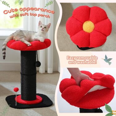 Котячий комплекс-дерево Flower для кімнатних котів, чорний, з товстим стовпом 14 см, знімним квітковим лежаком і іграшкою-пір'їнкою
