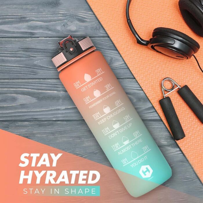 Пляшка для води 1 л BPA-free зі соломинкою та мірною шкалою, для велосипеда, спорту, школи, зручна для газованих напоїв, помаранчева та світло-зелена з помаранчевою кришкою