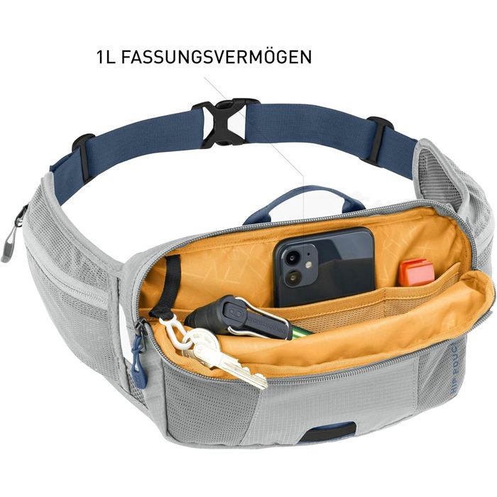 Поясна сумка EVOC HIP Pouch 1 для велопрогулянок, 1 л, з системою вентиляції AIR PAD, додатковими кишенями та регульованим поясом