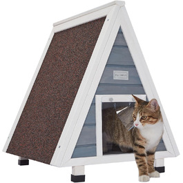 Вуличний будиночок для котів Petsfit з евакуаційними дверима, дерев'яний, водостійкий, сірої фарби, із ялинового дерева