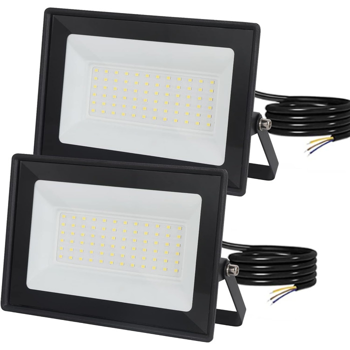 Світлодіодний прожектор 50Вт, 5000Лм, 72 LED, IP65, холодне світло 6500K, для вулиці, гаража, саду, 230В, 2 шт, чорний