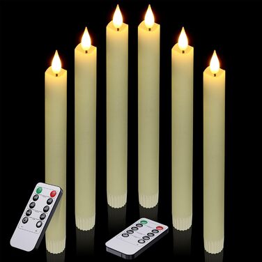 LED свічки Ymenow з таймером, набір 6 шт. 24,5 см, електричні свічки з натурального воску, мерехтливе полум'я, 2 пульти, для спальні, вітальні, декору Хелловін та Різдва