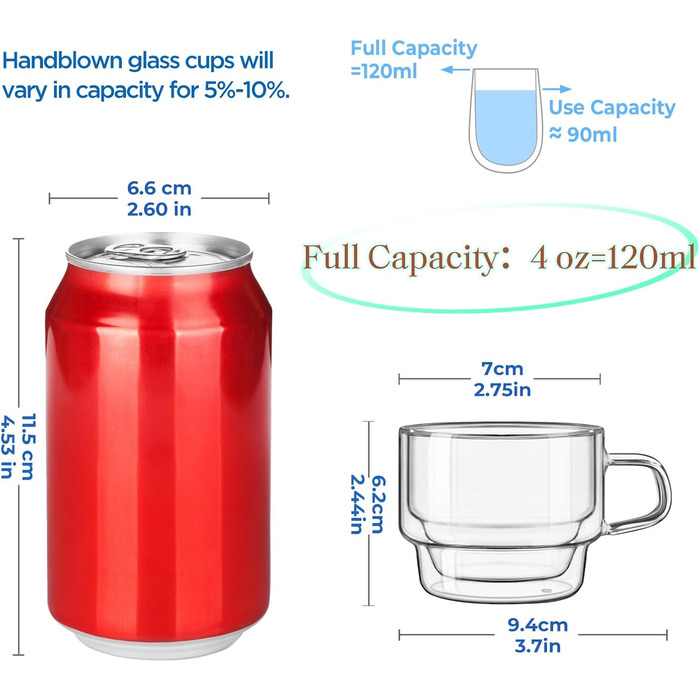 Склянки glastal 120 мл, подвійні стінки, набір 2 шт для еспресо, чаю, молока, подарунок для жінок і чоловіків