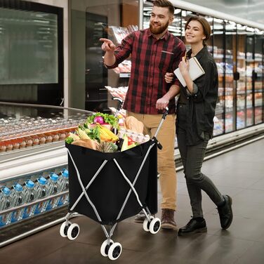 Складна господарська сумка-візок COSTWAY 90 л/55 кг з колесами, знімна оксфордська сумка, чорна, для покупок та кемпінгу