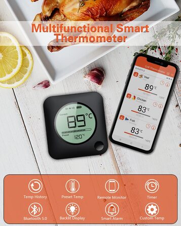 Бездротовий Bluetooth термометр для гриля BFOUR 100м з 4 нержавіючими зондами, великим LCD-дисплеєм, для м'яса, гриля, коптильні, духовки та BBQ