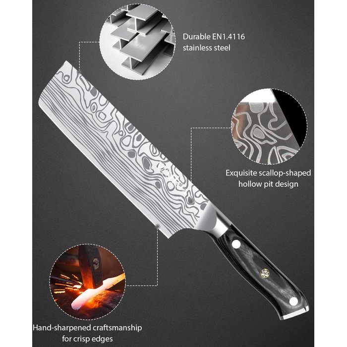 Nakiri ніж MOSFiATA для овочів та м'яса, універсальний кухонний ніж з німецької нержавіючої сталі EN1.4116, з захистом для пальців та леза, у подарунковій коробці