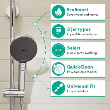 Душова лійка hansgrohe Pulsify Select S, 9 л/хв, EcoSmart, 3 режими, антикальк, хром, 105 мм