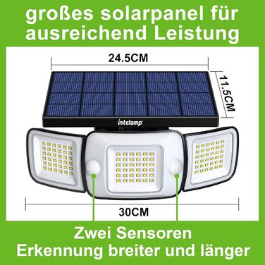 Сонячна лампа INTELAMP для вулиці з датчиком руху, 6000 мА·год, 108 LED, водонепроникна IP65, для тераси, гаража, подвір'я