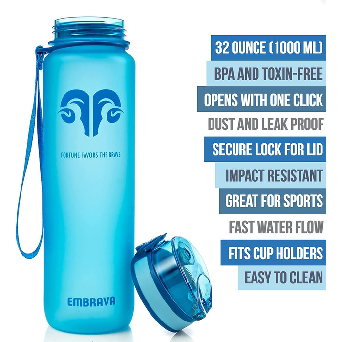 Спортивна пляшка Embrava 1000 мл, швидкий потік, BPA-free, Tritan, герметична кришка, Pure Blue