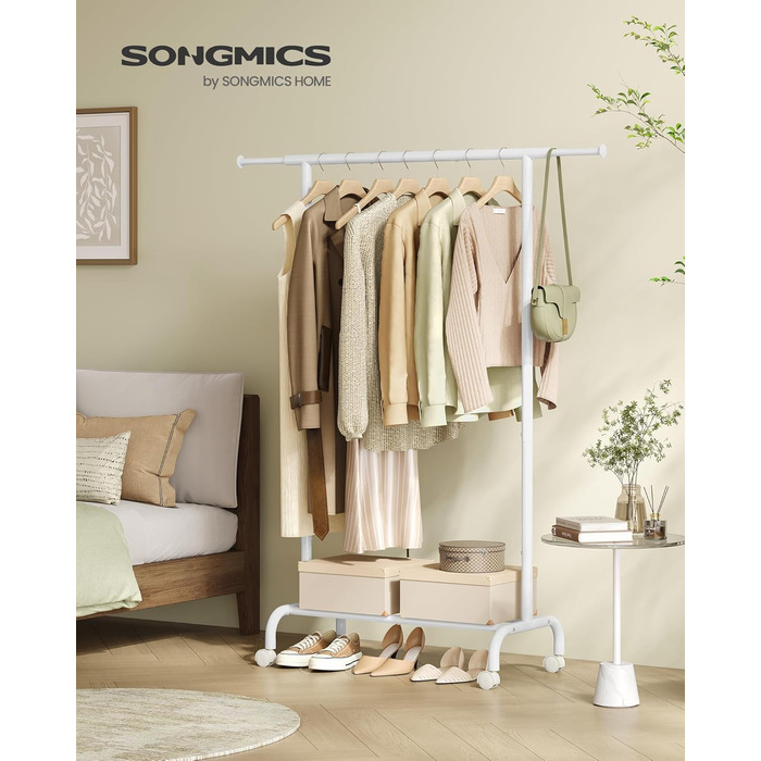 Пересувна стійка для одягу SONGMICS, розсувна, сталева, з полицею, 40 x (83-120) x 156 см, біла