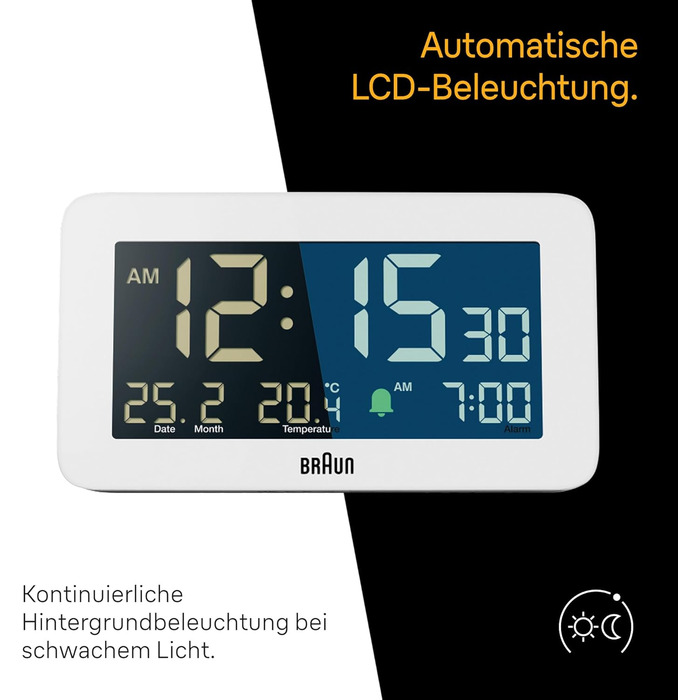 Цифровий годинник Braun BC10W з датою, місяцем і температурою, негативний LCD-дисплей, швидке налаштування та наростаючий сигнал, білий