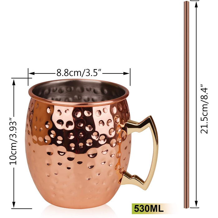 Набір мідних кухлів для Moscow Mule, 4 шт. по 550 мл з трубочками у подарунковій коробці – 100% мідь для коктейлів і охолоджених напоїв