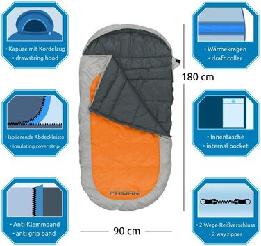 Дитячий спальний мішок Fridani XXL 180x90 см, теплий, водостійкий, до -12°C, помаранчевий, праний