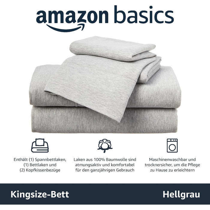 Комплект з 4-х джерсі простирадл Amazon Basics для двоспального ліжка King, світло-сірий, однотонний