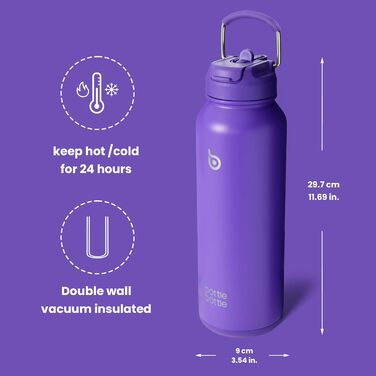 Ізольована спортивна пляшка BOTTLE BOTTLE з нержавіючої сталі, з трубочкою та кришкою-ручкою, 1 л, для води та пігулок, біла/фіолетова