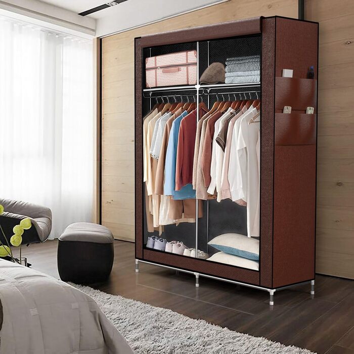 Тканинна шафа INTIRILIFE 108x170x45 см, коричнева, з блискавкою, полицями, металевим каркасом, боковою кишенею та перекладиною для одягу – складаний органайзер для зберігання