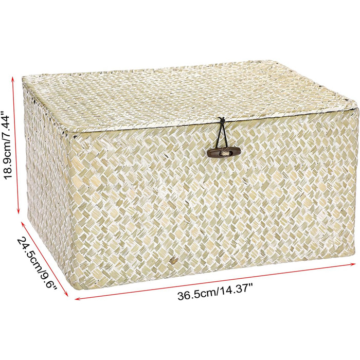 Плетений кошик для зберігання з кришкою з морської трави 36x24x18 см, прямокутний органайзер для ванної, декору та полиці, колір білений