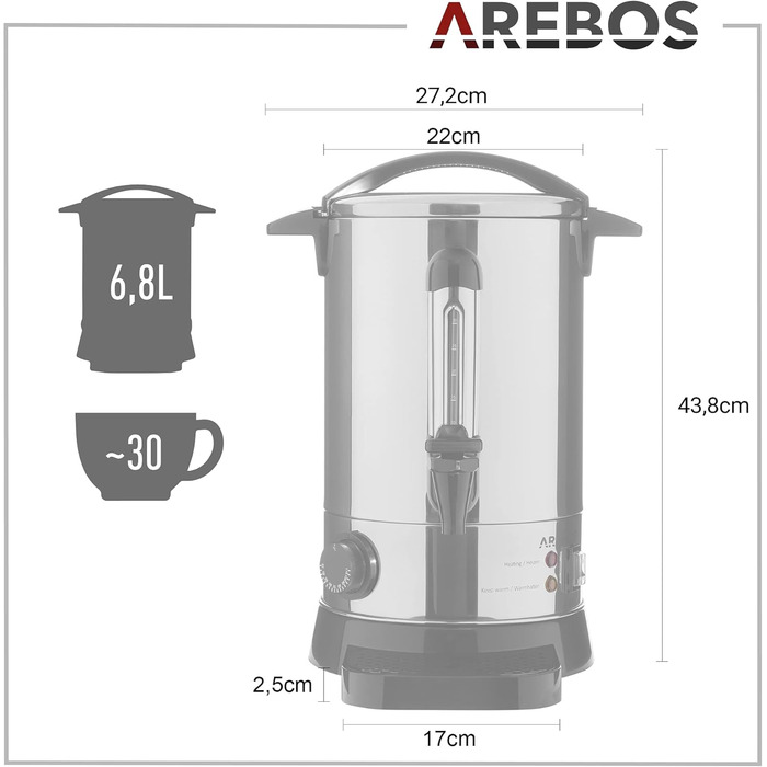 Електричний диспенсер для глінтвейну Arebos 6,8 л, 950 Вт, термостат, захист від перегріву, сріблястий