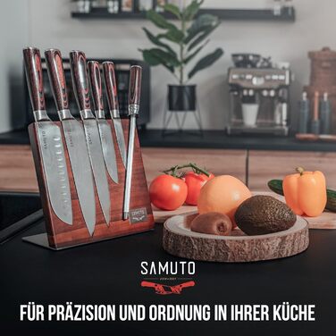 Samuto – Набір з 5 високоякісних азіатських кухонних ножів з магнітним блоком, точилкою та подарунковою коробкою, преміум нержавіюча сталь, дамаський візерунок, ергономічна ручка з пакка-дерева – ідеальне кухонне приладдя
