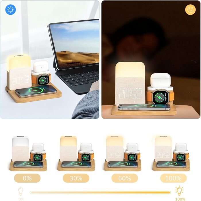 Бездротова зарядна станція COLSUR 3-в-1 для Apple Watch, iPhone, AirPods, 15 Вт, нічна лампа з годинником та зарядкою, аксесуар для смартфона