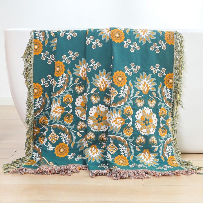 Покривало HOORDRY Boho для ліжка та дивана, бавовняна двостороння ковдра 150×200 см з китицями, жовто-зелене, для спальні та вітальні