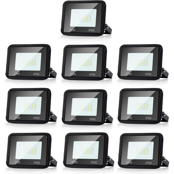 LED прожектор для вулиці 10W, 10 шт, IP66 водонепроникний, 8500Лм, холодне біле світло 6000K, кут 120°, для зовнішнього та внутрішнього використання